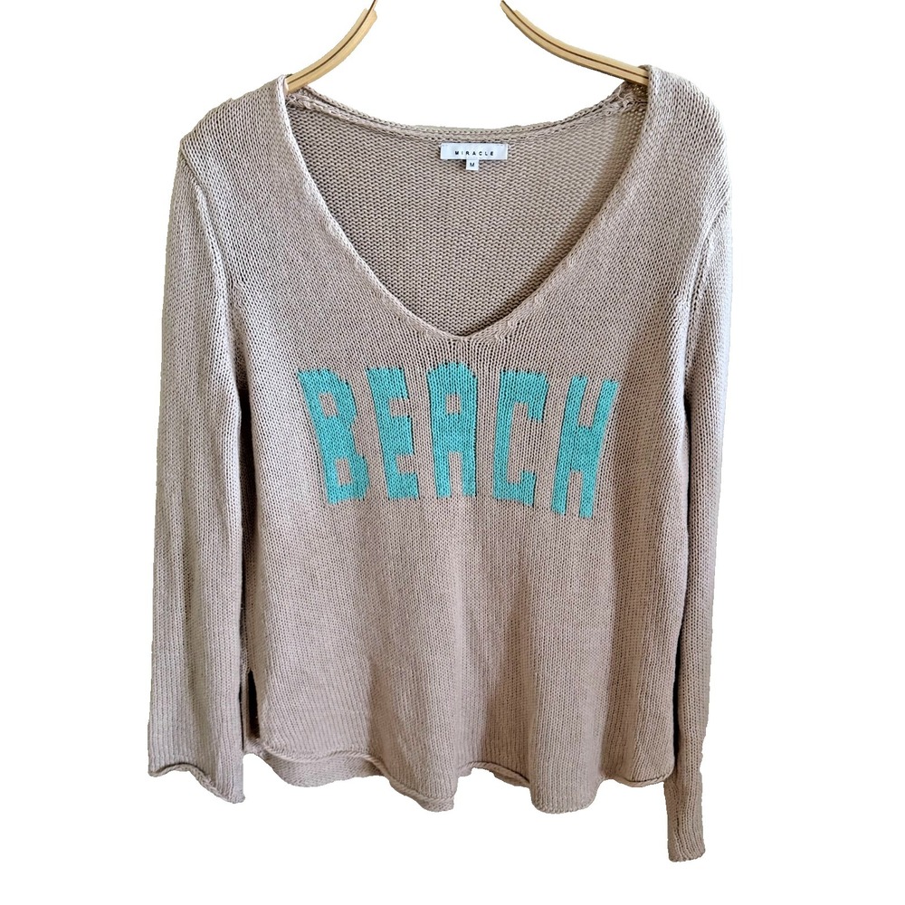 Miracle Beach Knit Sweater Tan‎ Open Weave Oversized Boho Pullover Size Large M